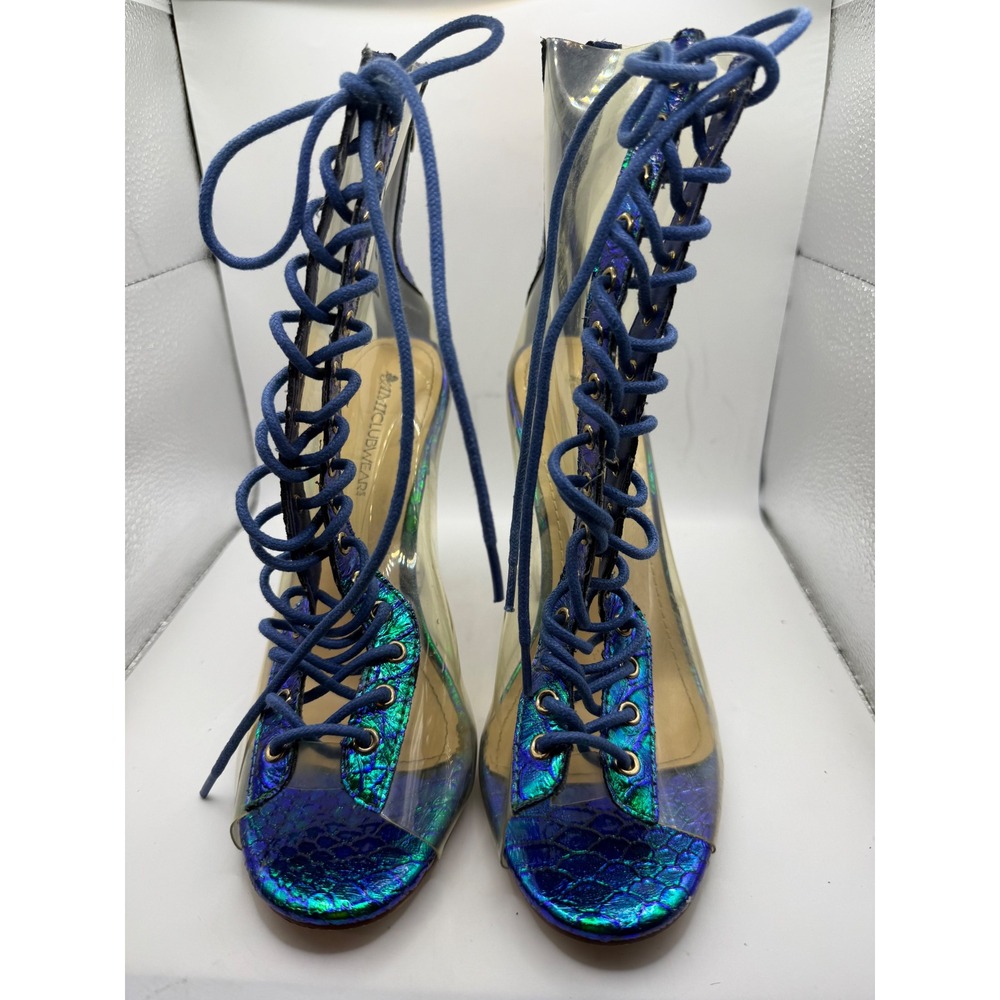 AMI Clubwear Clear Iridescent Mermaid Lace Up Peep Toe Block Heel Booties 8.5